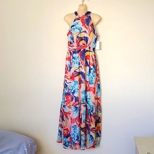 Tahari Arthur S. Levin Maxi Floral Tie Neck Dress Size 4